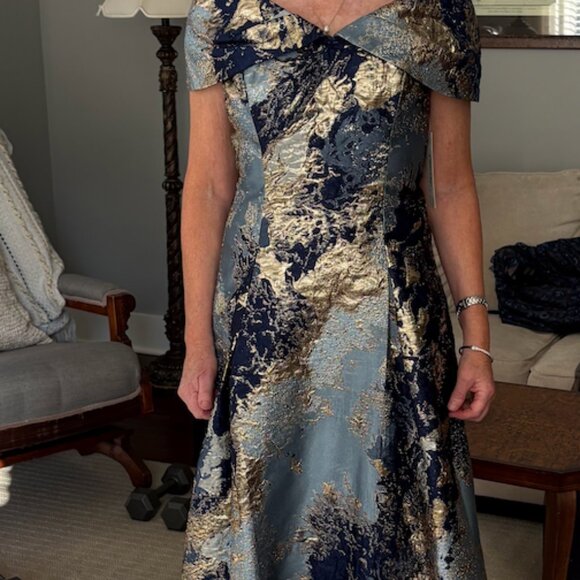 Teri Jon by Rickie Freeman Metallic Jacquard Gown in Blue Multi - size 2 - Picture 3 of 3